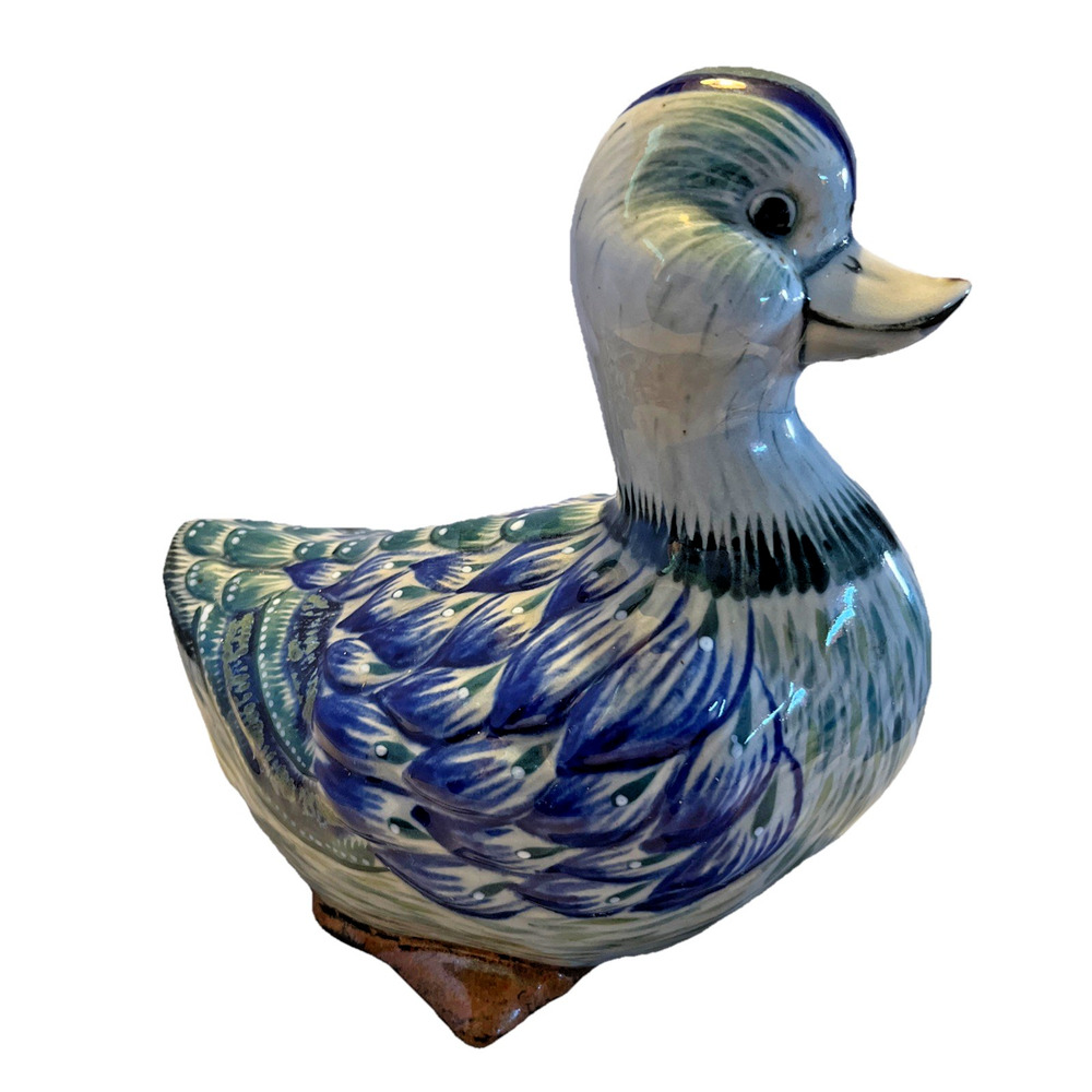 Mexican hand-painted tonala pottery duck Cobalt Blue 8.5x9"